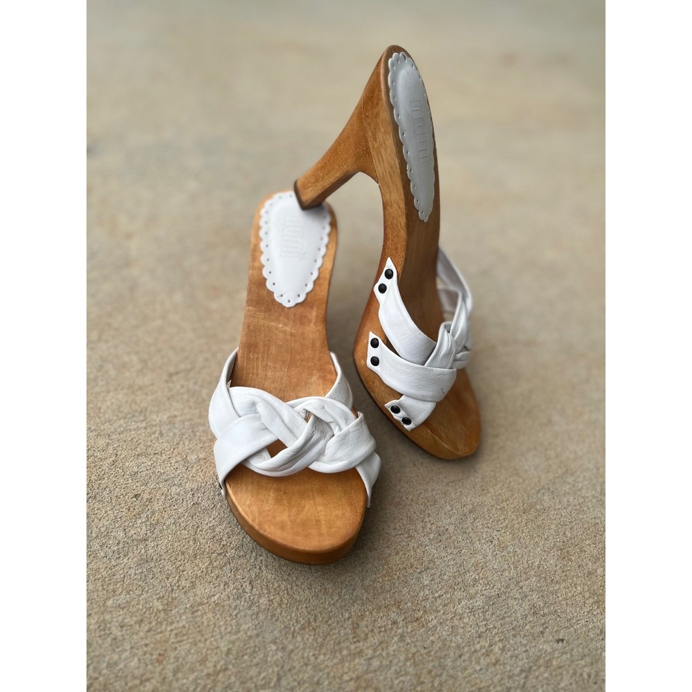 Y2K Nomi White Braided Leather Chunky Wooden‎ Platform Heeled Mules Sandals Sz 8